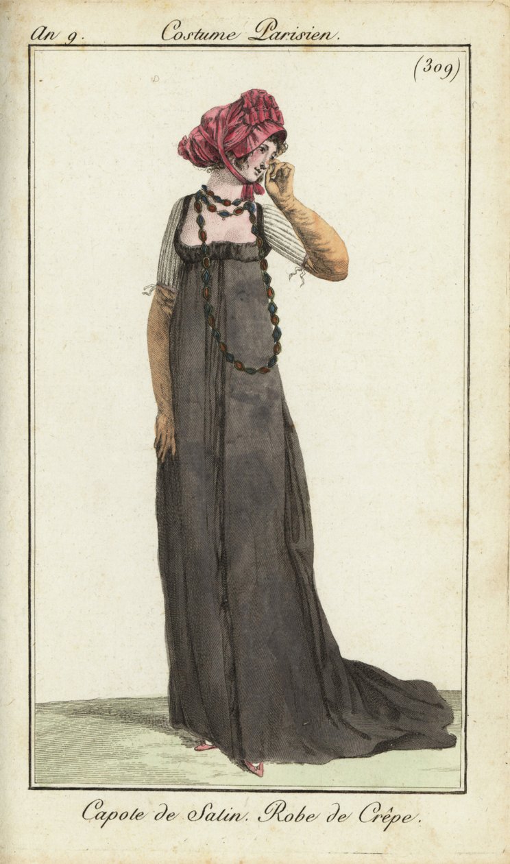 Femme à la mode avec un bonnet en satin et une robe en crêpe - French School