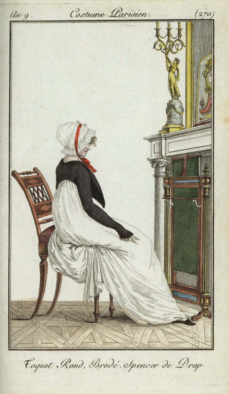 Femme à la mode assise devant une cheminée - French School