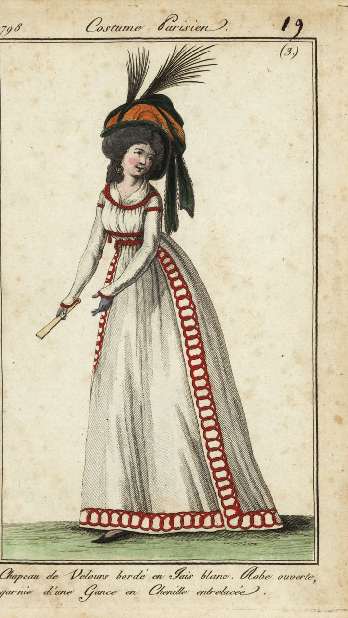 Femme à la mode avec éventail, coiffure énorme et chapeau - French School