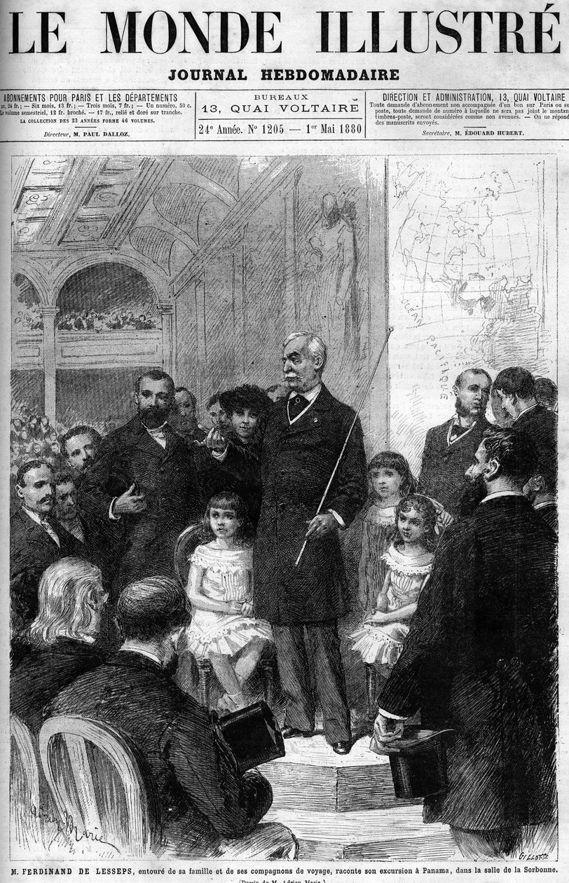 Ferdinand de Lesseps entouré de sa famille et de ses compagnons de voyage, racontant son voyage à Panama dans la Salle de la Sorbonne. Couverture du « Monde Illustré » de 1880. - French School
