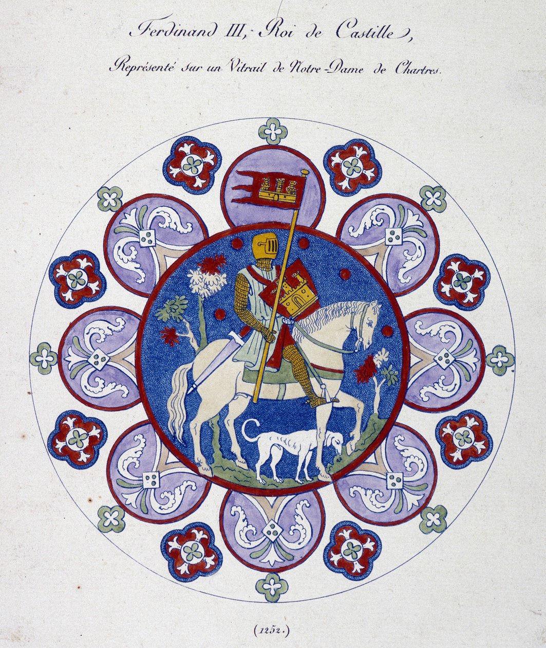 Fernand III, roi de Castille, représenté sur un vitrail de Notre-Dame de Chartres (1252). Similitude collégiale. - French School