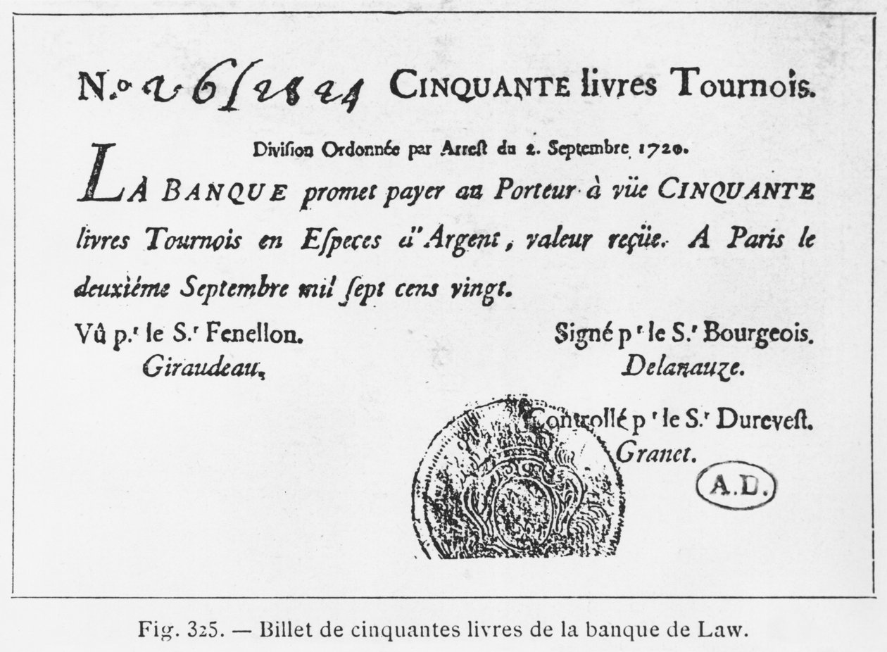 Billet de banque français de cinquante livres de la Banque Law, daté du 2 septembre 1720 - French School