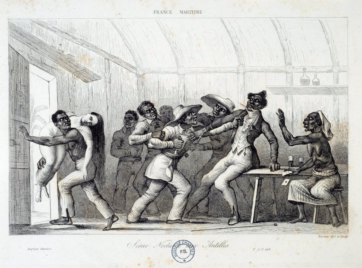 Combat dans une taverne aux Antilles, une jeune femme blanche est enlevée par des voleurs. Gravure du 19ème siècle. Chartres, Musée des Beaux-Arts - French School