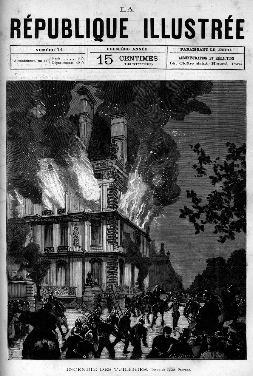 Incendie du Pavillon de Flore aux Tuileries à Paris. Un journal. Gravure de 1880 dans « La république illustrée » collection privée. - French School