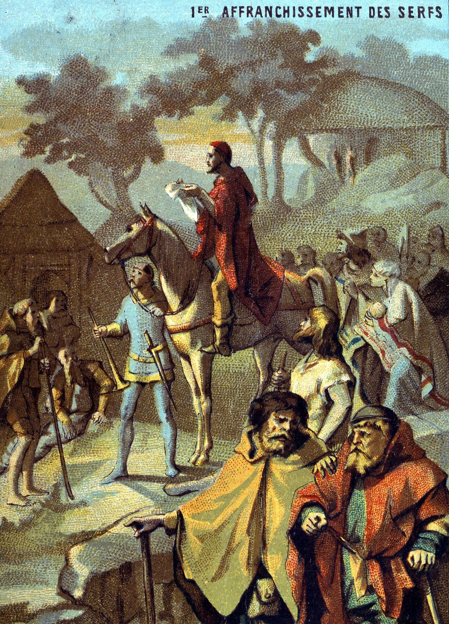 Première libération des serfs (1315) par Louis X. Chromolithographie de la série "Éducation patriotique par l