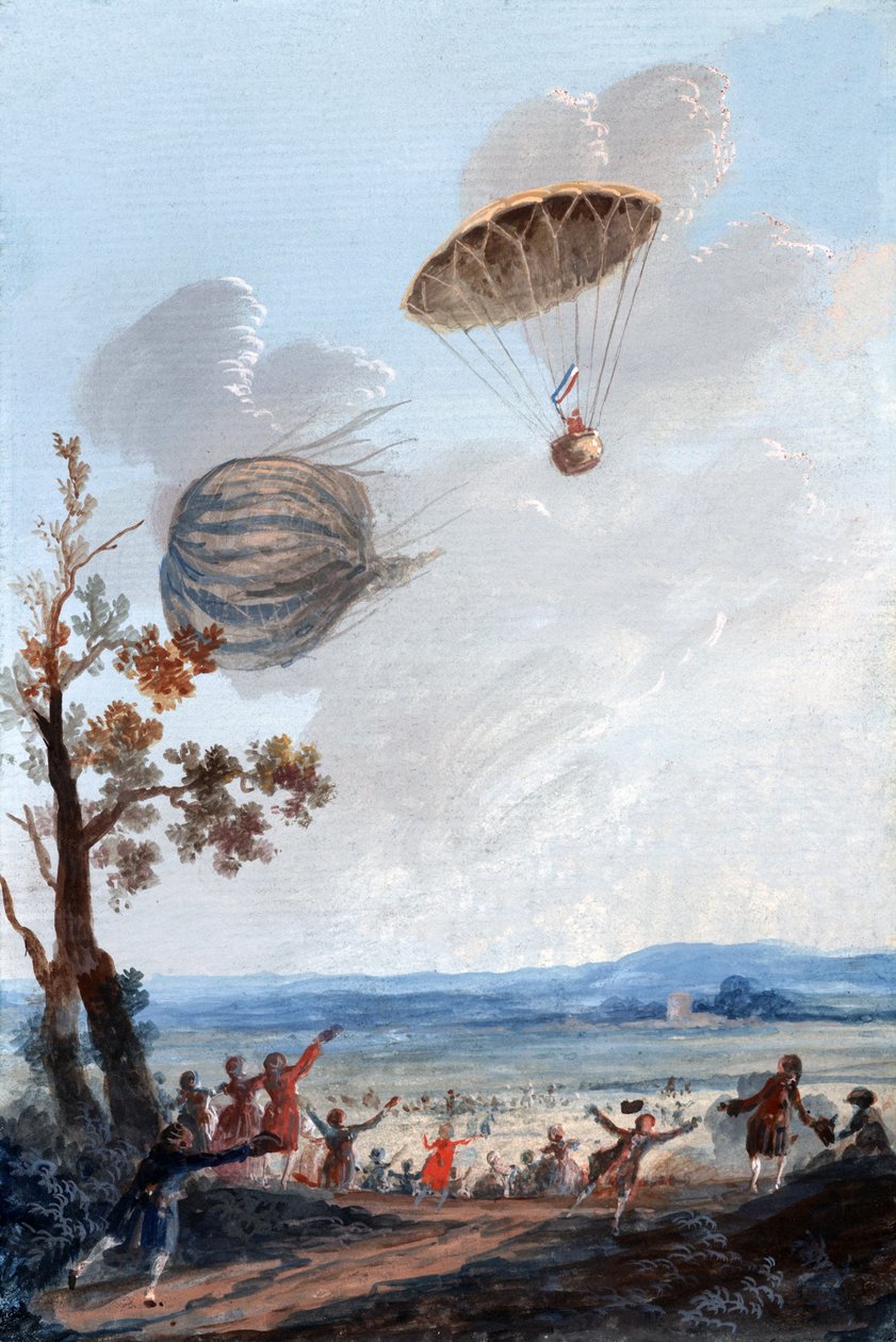 Premier homme à descendre en parachute, 22 octobre 1797, au Parc Monceau, Paris, vers 1797 - French School