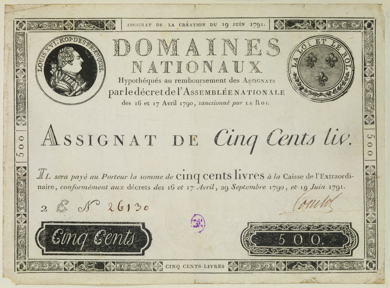 Billet de cinq cents livres, 19 juin 1791 - French School