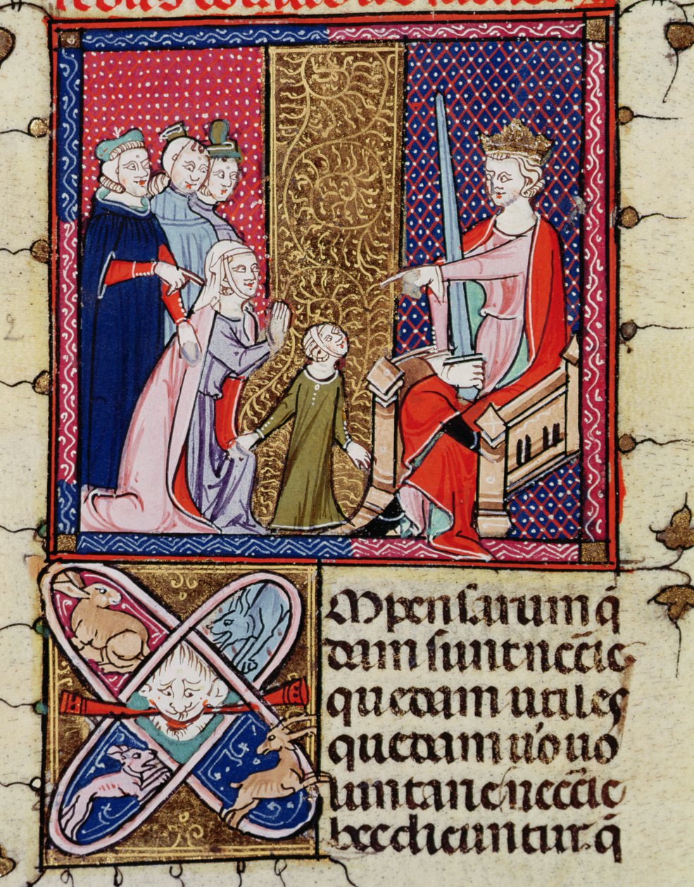 Fol.11v Un enfant et sa mère apparaissant devant un juge, de Justiniani in Fortiatum - French School