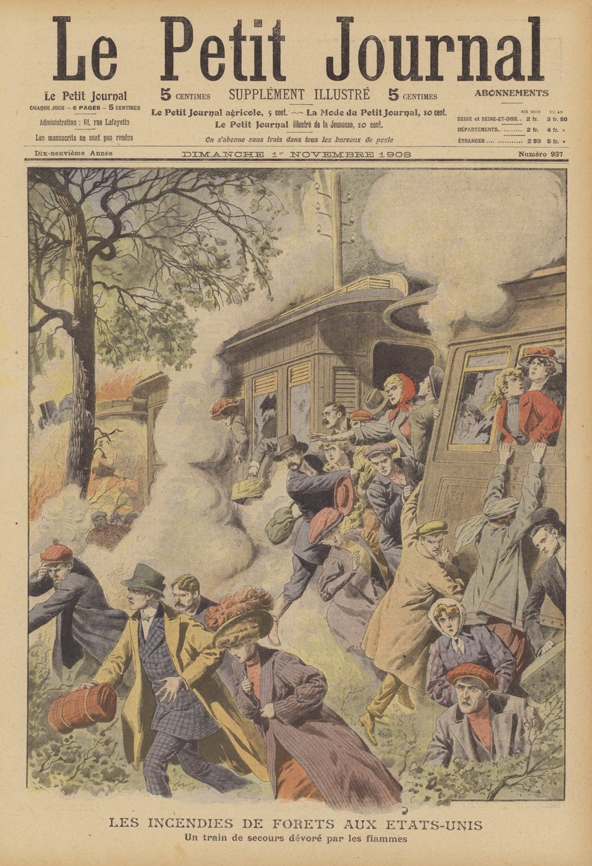 Incendies de forêts aux États-Unis (lithographie couleur) - French School