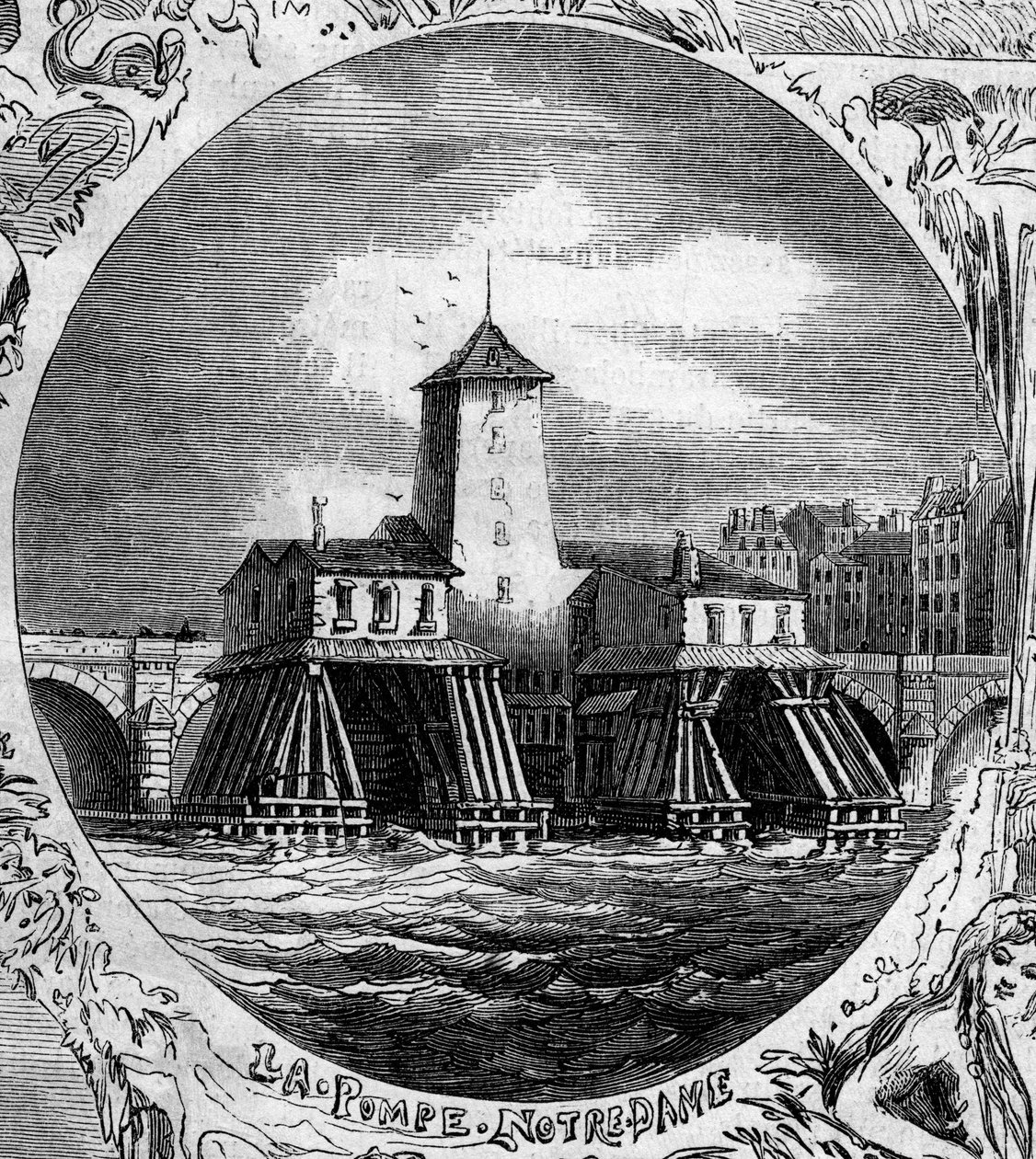 Fontaine de Paris : vue de la Pompe Notre Dame (1676). Cette pompe hydraulique a été démolie en 1858. - French School