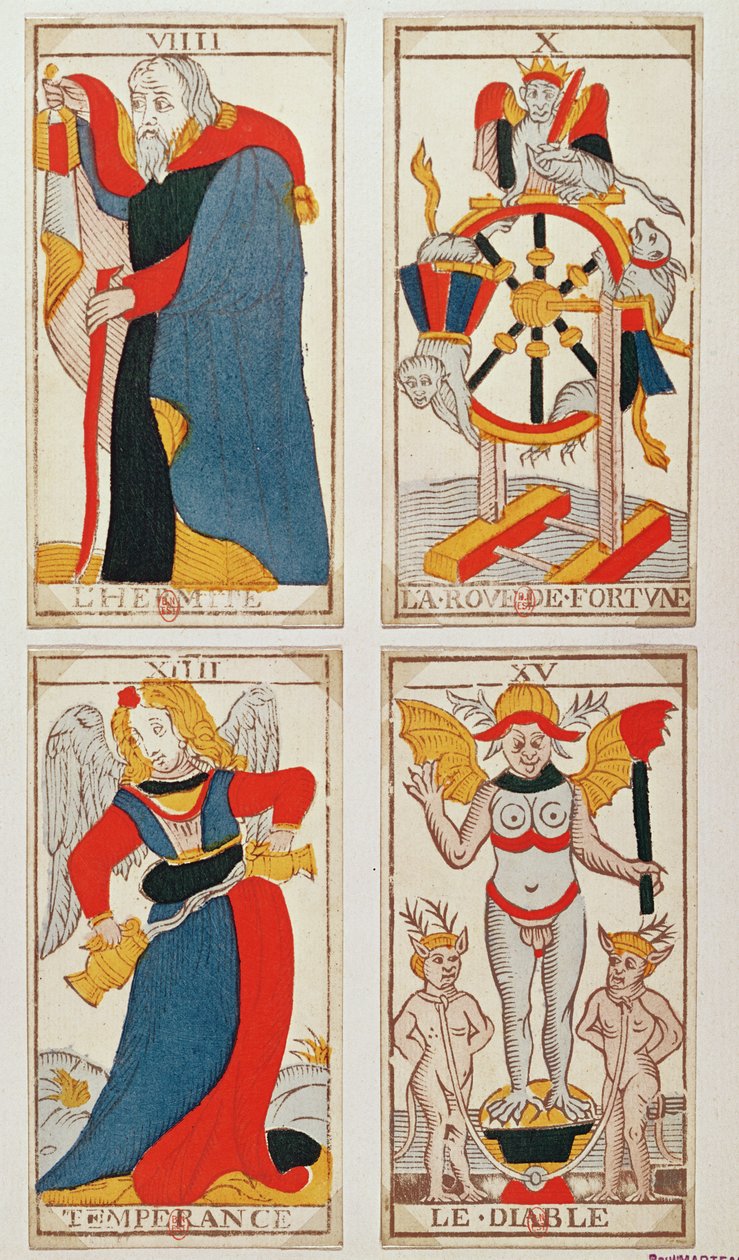 Quatre cartes de tarot représentant l