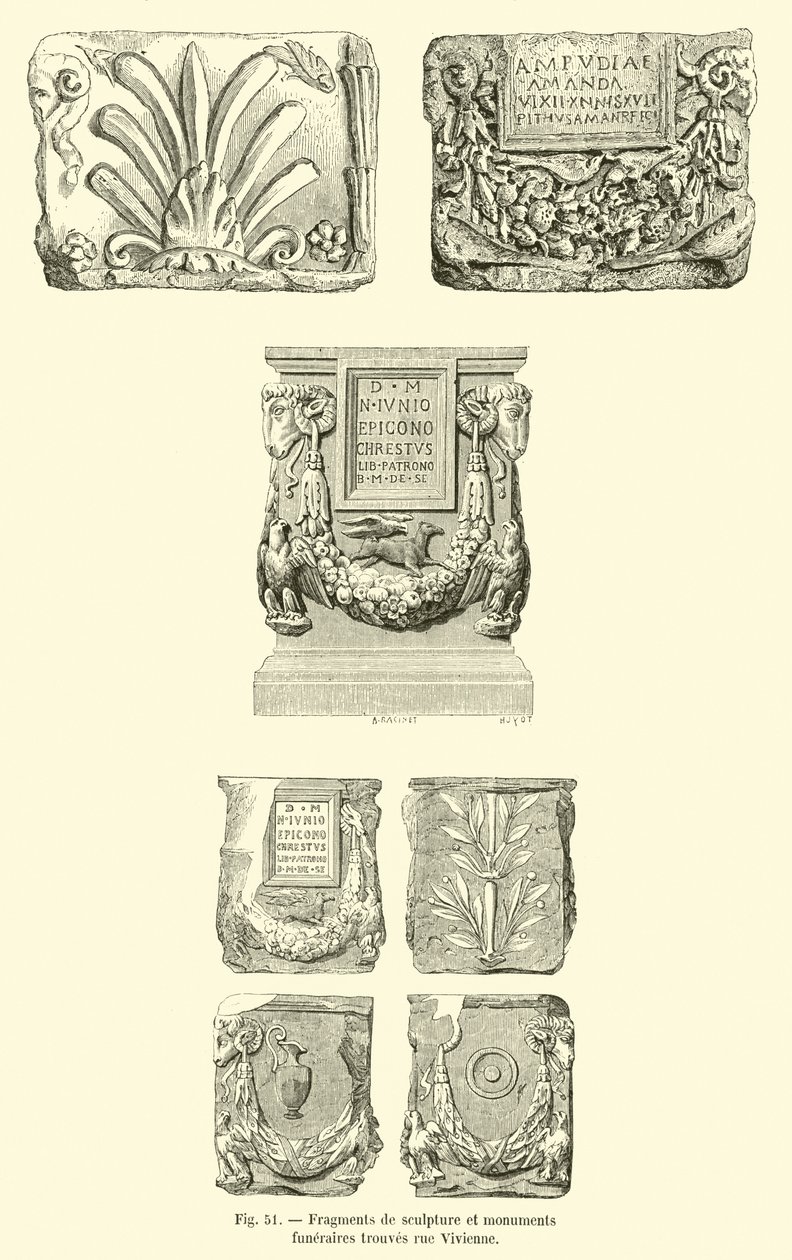 Fragments de sculpture et monuments funeraires trouves rue Vivienne (engraving) - French School