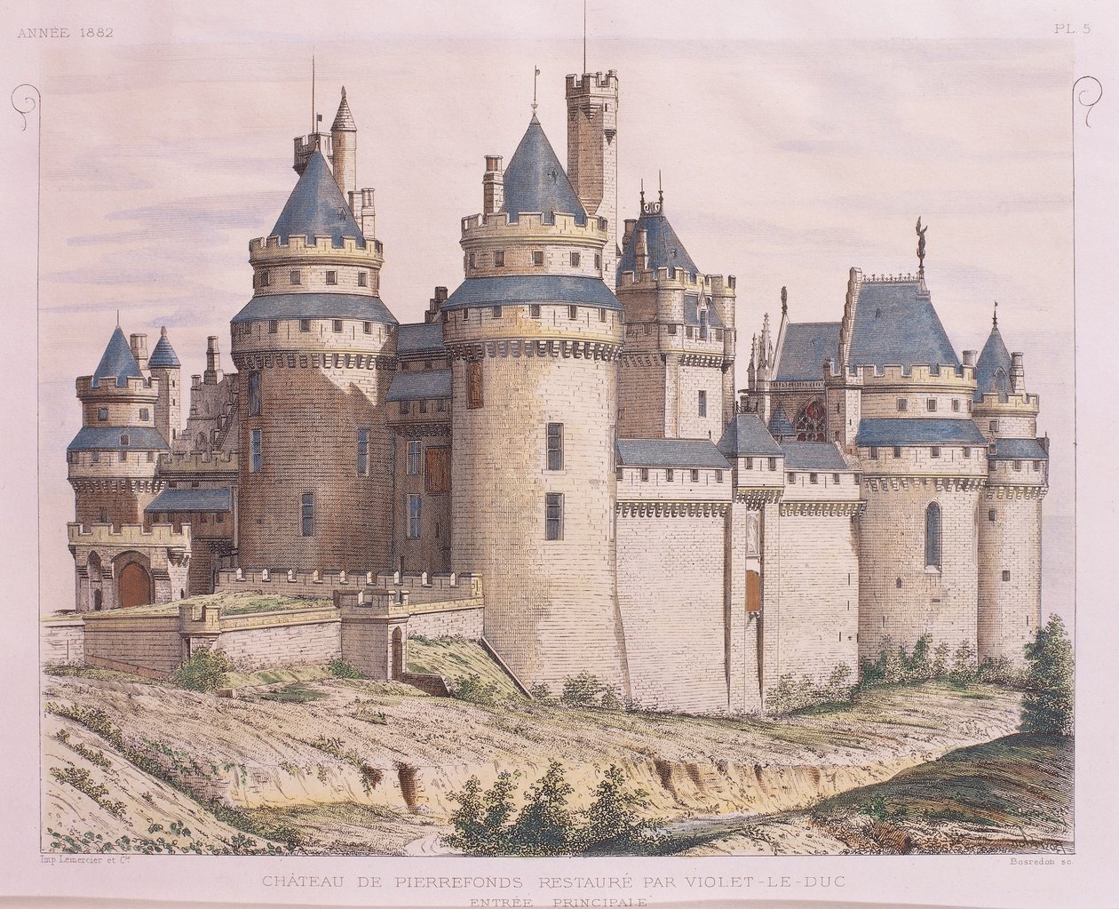 France, Château médiéval de Pierrefonds, restauré par Viollet-le-Duc du Moniteur des Architectes, gravure - French School