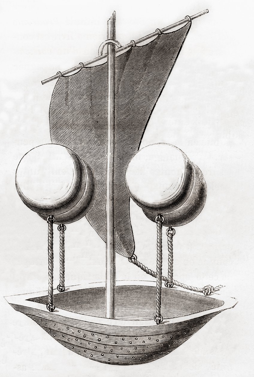 Concept de bateau volant de Francesco Lana de Terzi vers 1670, extrait de Les Merveilles de la Science, publié vers 1870 (lithographie) - French School