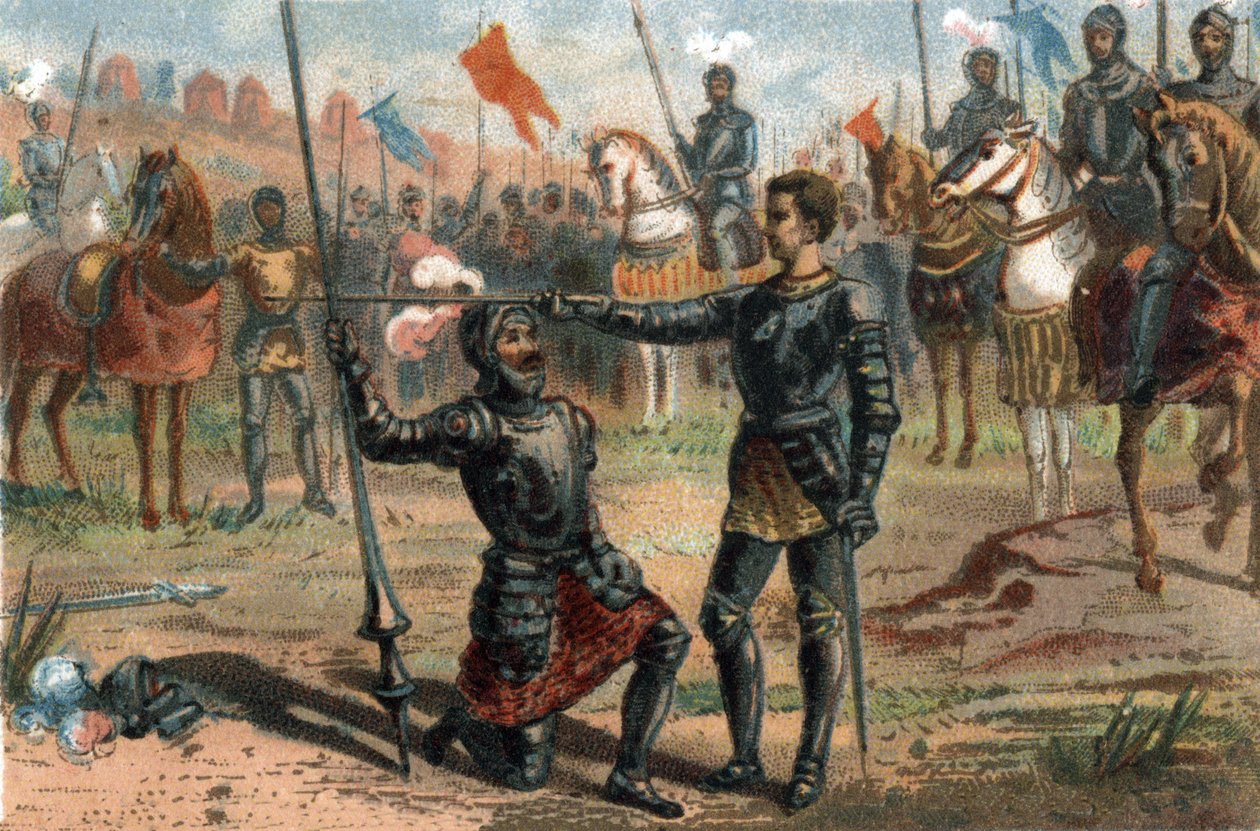 François Ier de France demandant à être adoubé par le chevalier Bayard après la victoire à la bataille de Marignan, Italie - French School