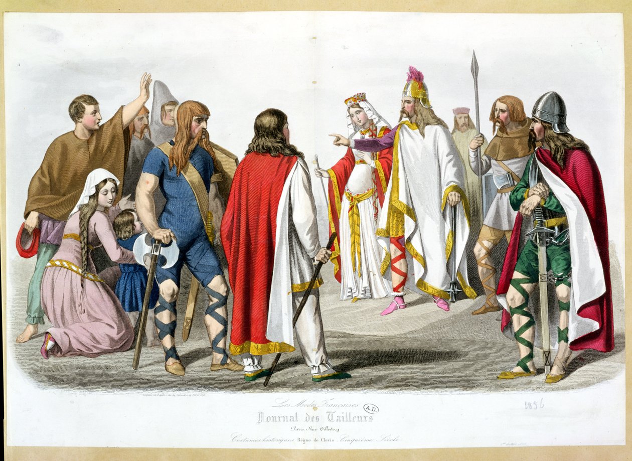 Costumes francs et mérovingiens, planche de mode historique de Les Modes Françaises - Journal des Tailleurs, 1836 - French School