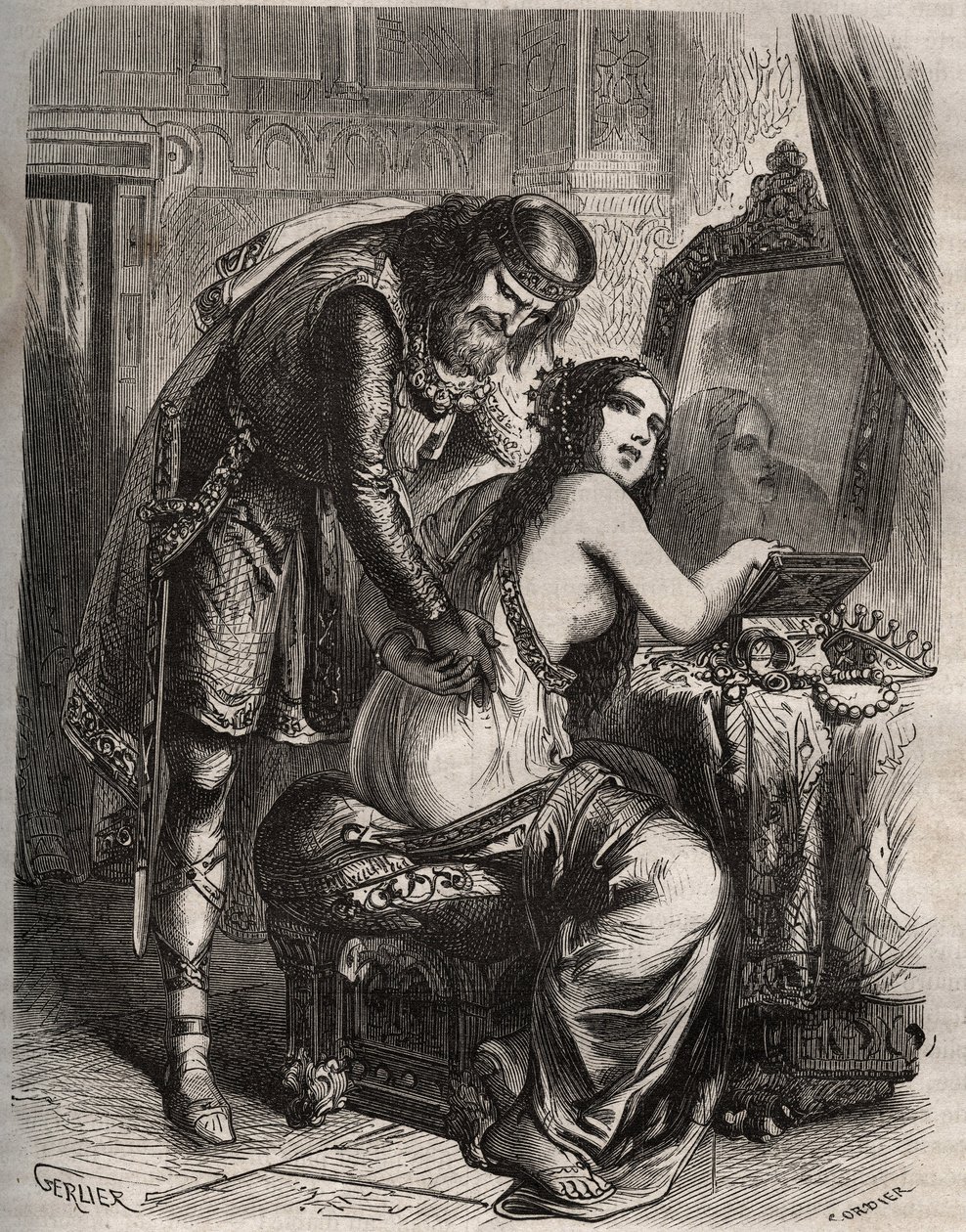 Frédégonde prend son mari, le roi des Francs Chilpéric Ier, pour son amant, Landéric. Le roi découvre que sa femme le trompe. Gravure de 1871 dans "Histoire Des Cocus Célèbres" de Henry de Kock - French School