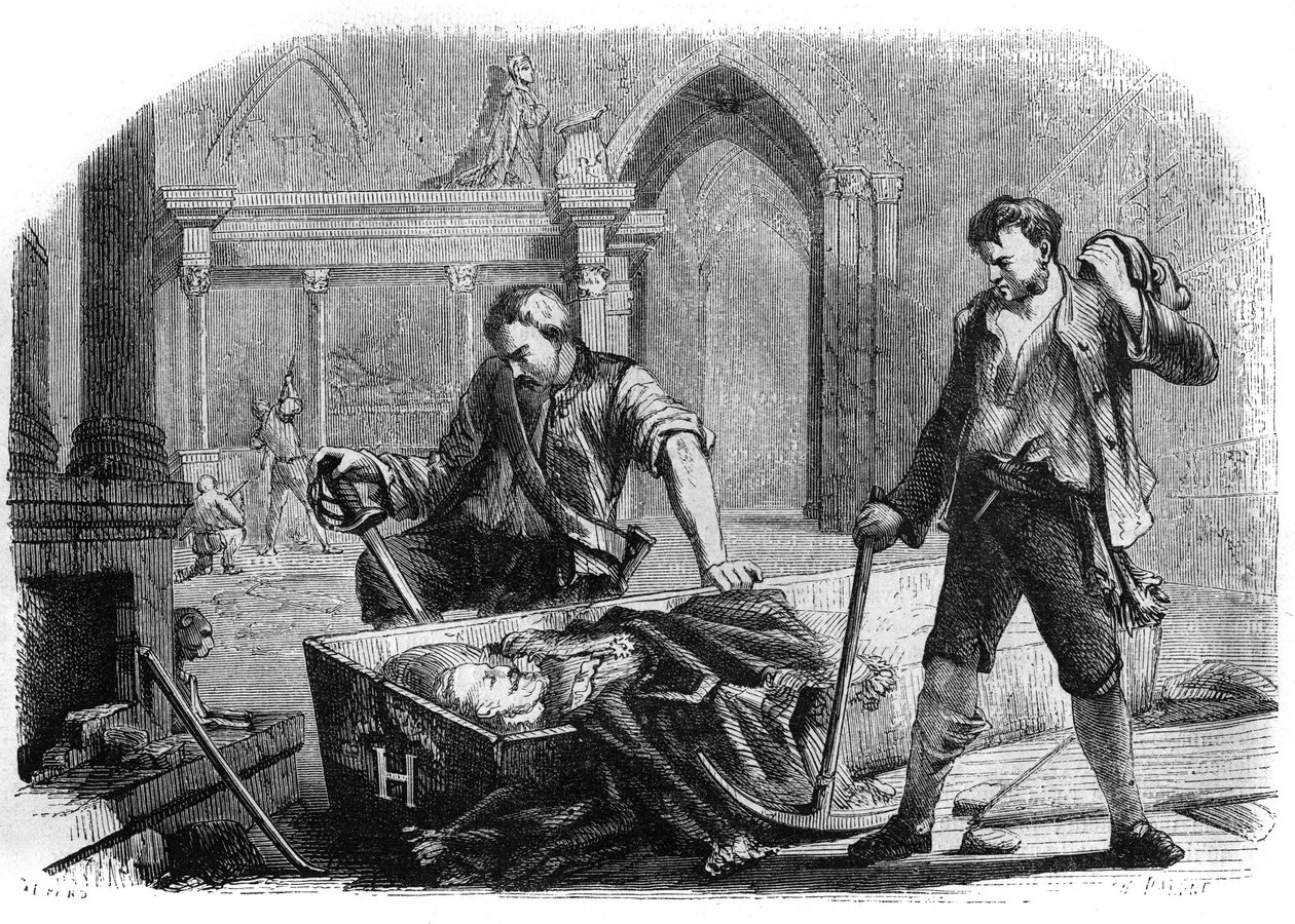 Révolution française (Convention) : ouverture du cercueil du roi Henri IV (1553-1610) lors de la profanation des tombes royales de l