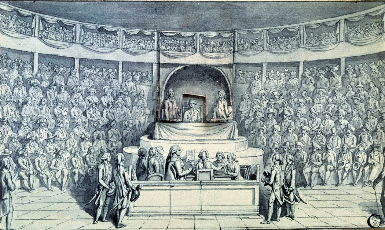 Révolution française : le roi Louis XVI (1754-1793) à la barre est interrogé par Antoine Barnave (1761-1793) lors de son procès devant la Convention nationale qui décidera de sa condamnation à mort le 21/01/1793. Dessin anonyme vers 1793. Paris, Musée du L - French School