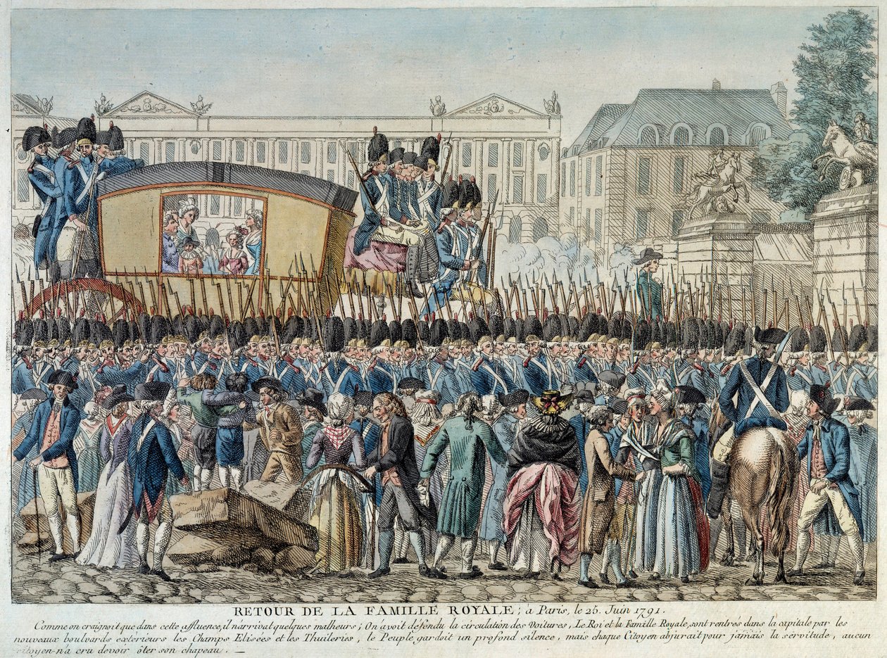 Révolution française : « Retour de la famille royale à Paris le 25/06/1791 » Le cortège traverse la Place de la Concorde. Gravure de l