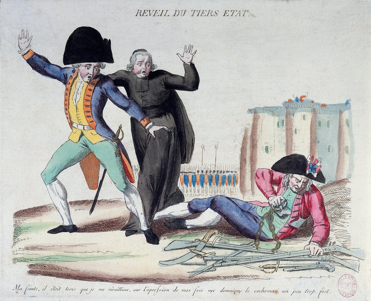Révolution française : le réveil du Tiers État. Caricature sur les trois ordres. Il se libère de ses chaînes sous les yeux effrayés de l