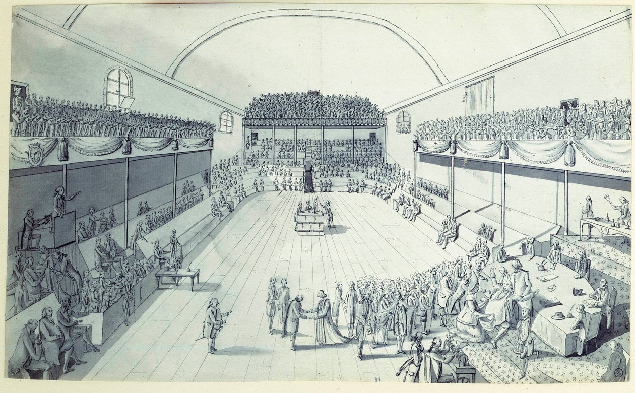 Révolution française : la naissance de la Constitution en septembre 1791 rédigée par Guy Jean-Baptiste Target (1733-1807) dans la salle du Jeu de Paume à Versailles où les députés avaient prêté serment le 20/06/1789. Dessin anonyme vers 1791. Paris, Lou - French School