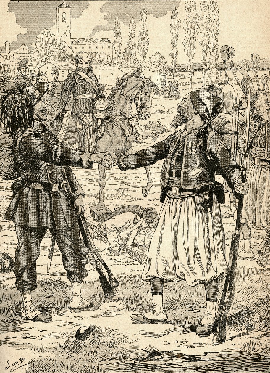 Soldats français et sardes se serrant la main pour célébrer leur victoire contre les Autrichiens après la bataille de Palestro, Italie - French School