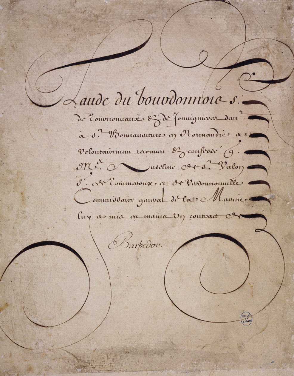 Calligraphie française : Lettre de la chambre des comptes par Louis Barbedor vers 1640 - French School