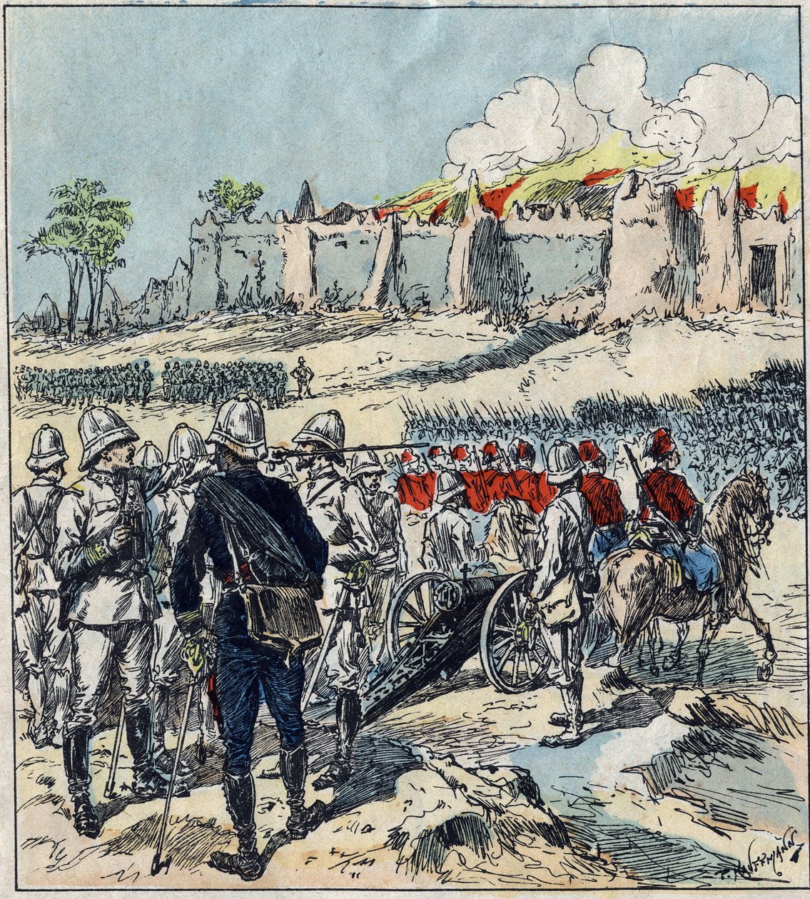 Expédition française au Dahomey (actuel Bénin). Le général Dodds formant ses colonnes d