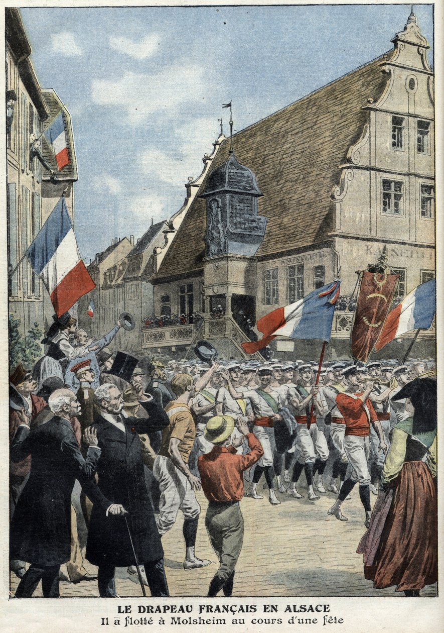 Le drapeau français flotte à nouveau dans les rues de Molsheim, Alsace, lors de la fête sportive dans « Le Petit Journal » du 4 juillet - French School
