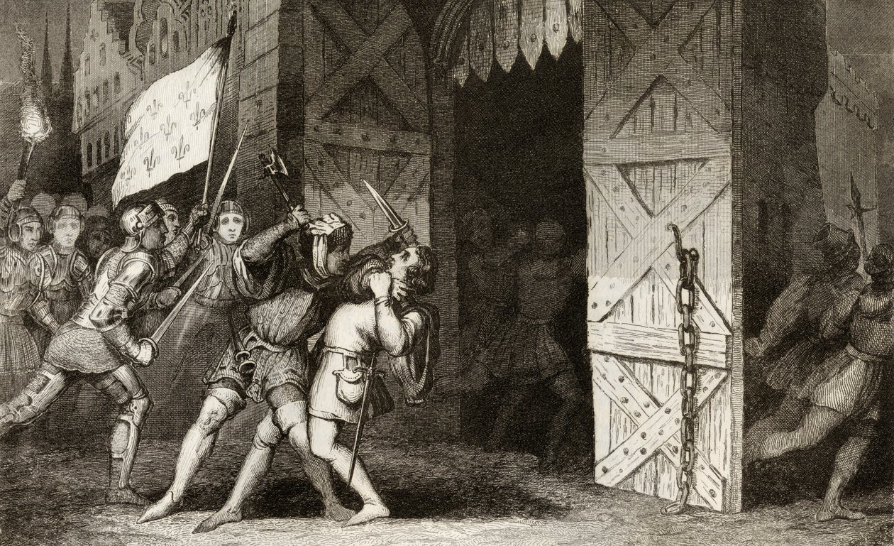 Chevaliers français attaquant une ville tenue par les Anglais pendant la guerre de Cent Ans, de 