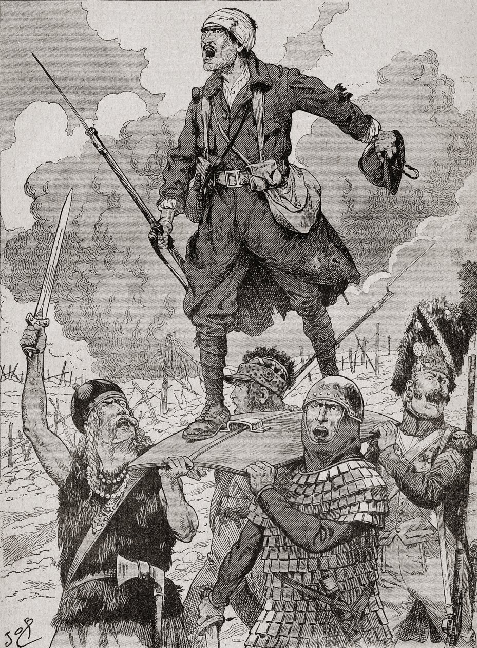 Affiche de propagande française intitulée « On Les Aura ». Quatre soldats de différentes périodes historiques portent un soldat de la Première Guerre mondiale blessé mais défiant sur un bouclier. De l