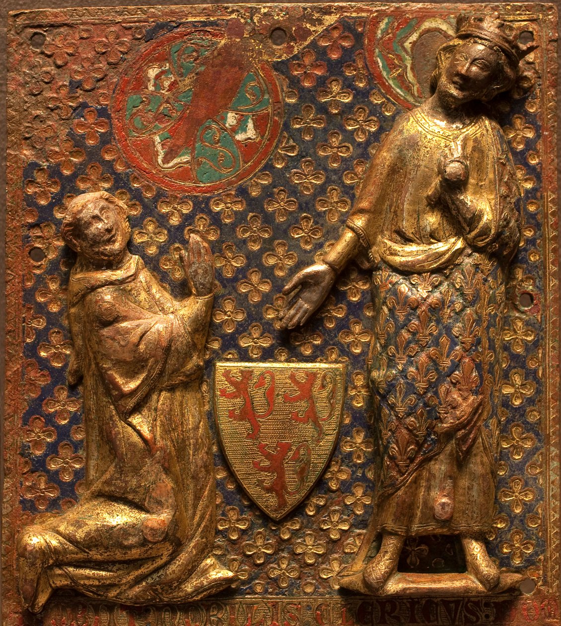 Plaque funéraire : Guy de Meyos agenouillé devant Saint Louis (Louis IX de France) - French School