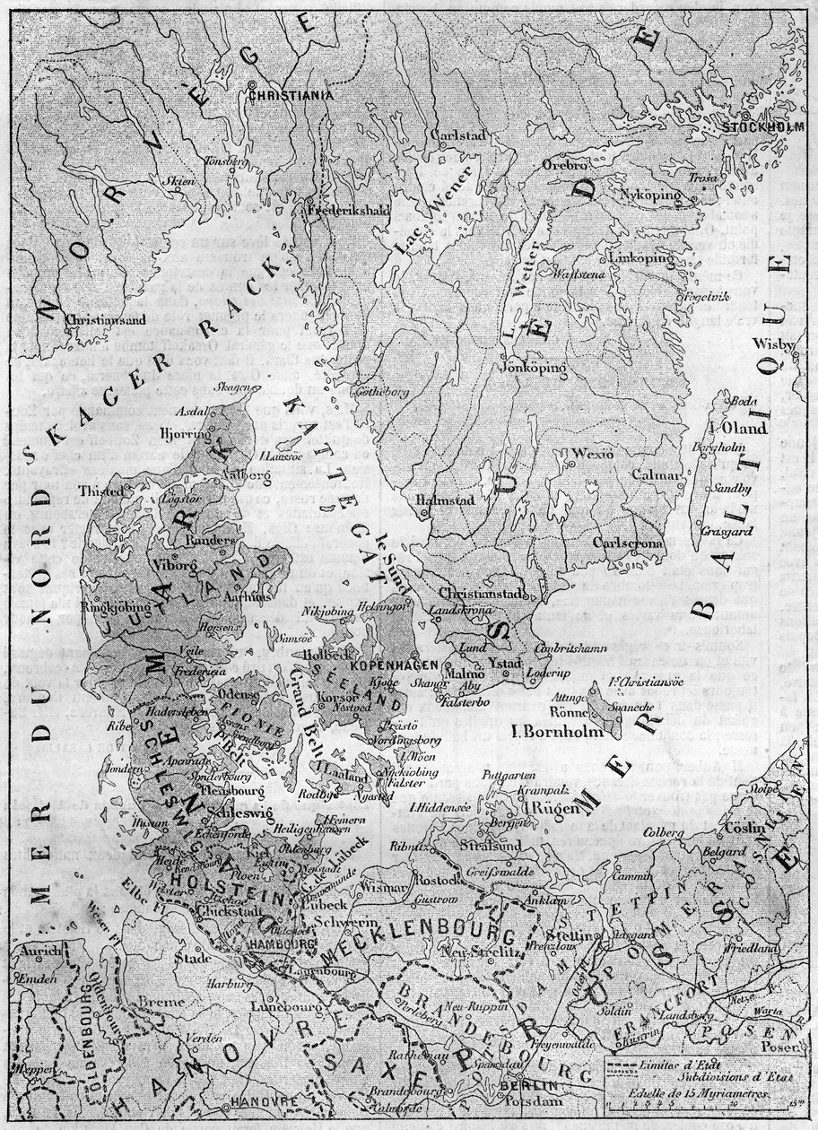 Carte géographique du Danemark en 1861, avec les duchés de Schleswig, Holstein et Lauenburg. Gravure dans « Le Monde Illustré » n°200 du 9 février 1861. - French School