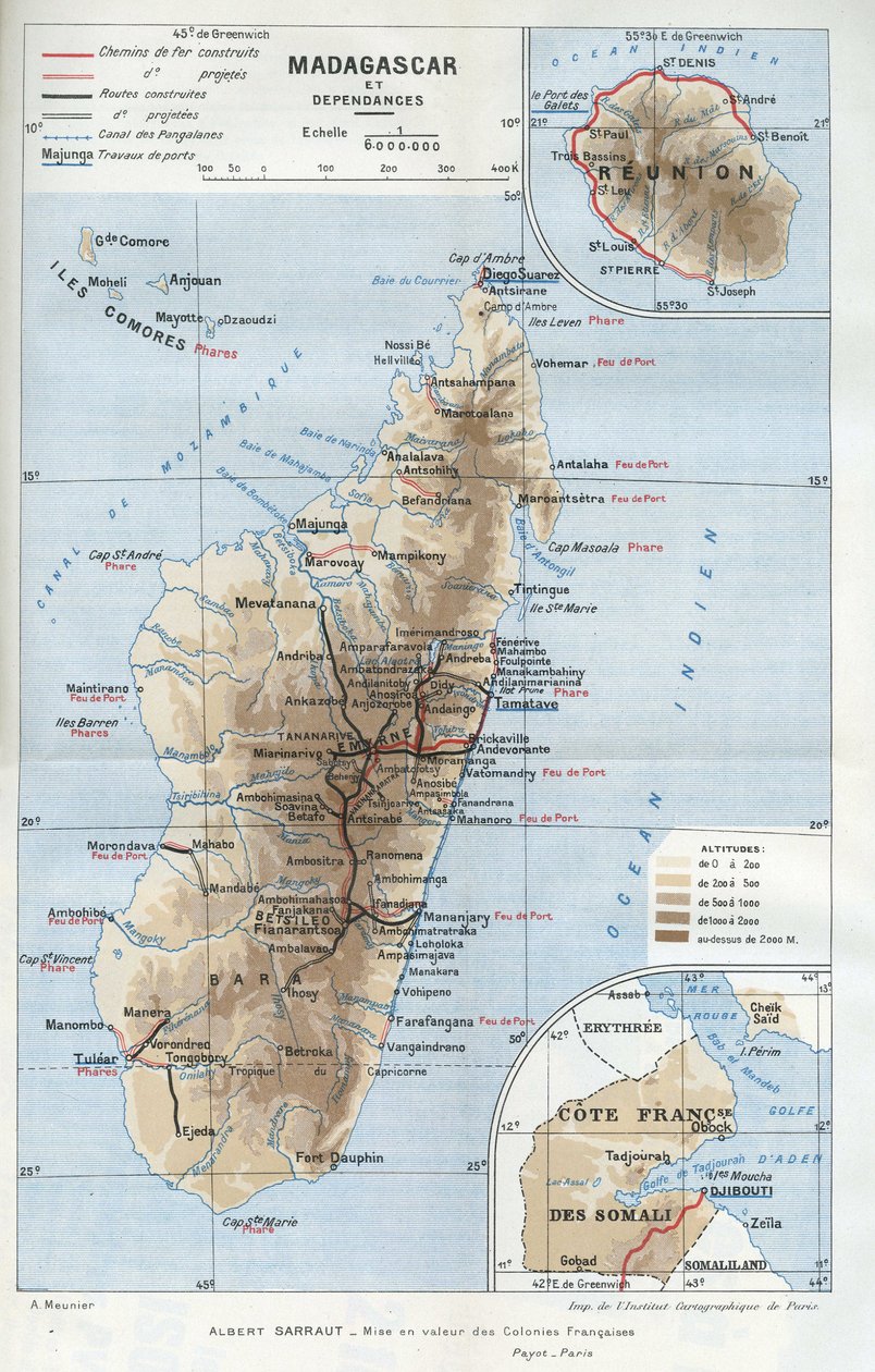 Carte géographique de la colonie de Madagascar et de ses dépendances, de la Réunion, et de la Côte française des Somalis. in "La mise en valeur des colonies francaises", Albert Sarraut - French School