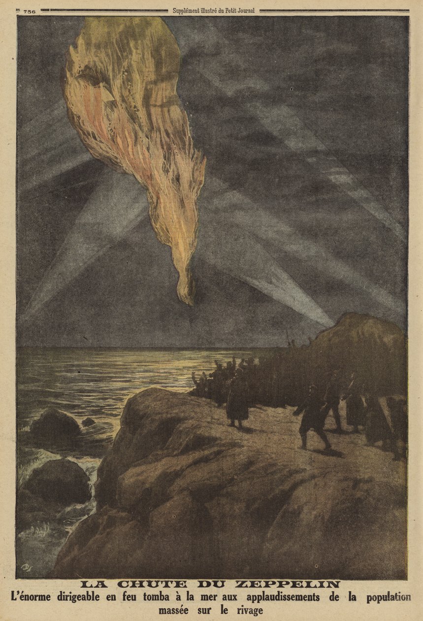 Zeppelin allemand abattu en flammes par des tirs antiaériens et s