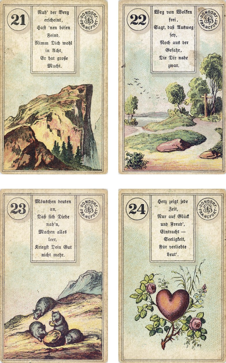 Édition allemande du jeu de cartomancie français Lenormand : La Montagne, La Route, Les Souris, Le Cœur, publié par Dondorf, Francfort, XIXe siècle - French School