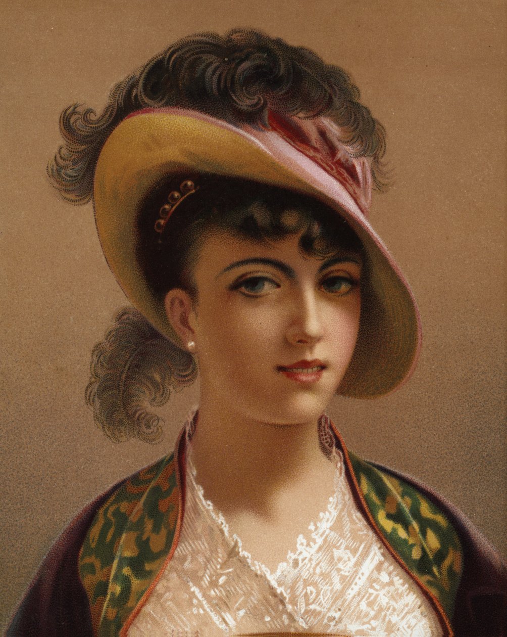 Fille au chapeau rose (chromolitho) - French School