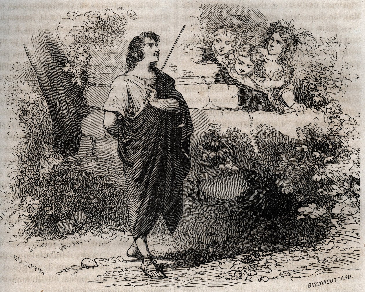 Mythologie grecque : Bacchis et ses amis tentent de séduire Gygès qui refuse et reste fidèle à sa femme décédée. Gravure de 1871 dans "Histoire des cocus célèbres" par Henry de Kock (1819-1892). - French School