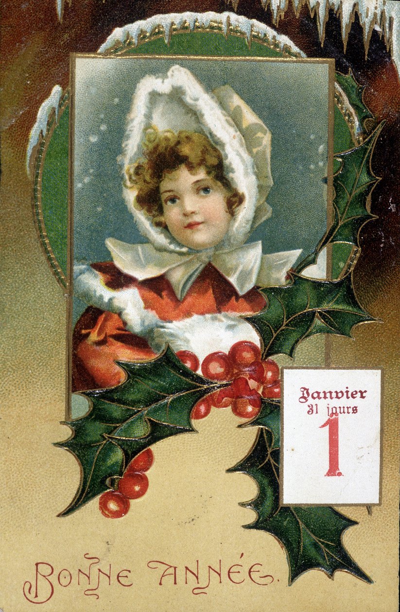 Carte de vœux : Bonne Année (fille avec du houx) - carte postale, début du 20e siècle - French School