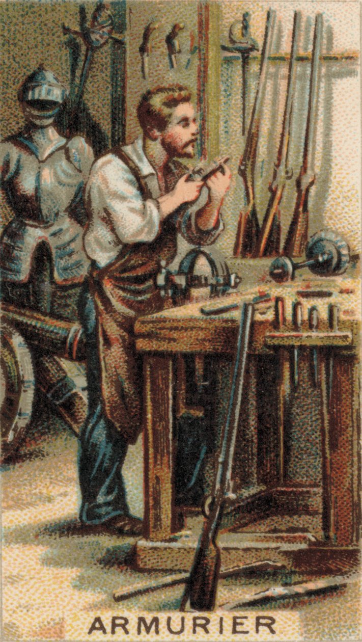 Armurier au travail dans son atelier (chromolitho) - French School