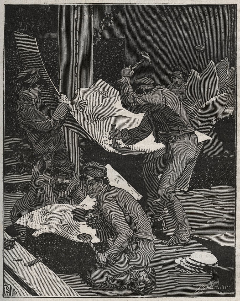 Martelage et assemblage des pièces de la Statue de la Liberté réalisée par Frédéric Auguste Bartholdi (1834-1905). Gravure de 1880 dans « Les arts et métiers illustrés » par Adolphe Bitard. - French School