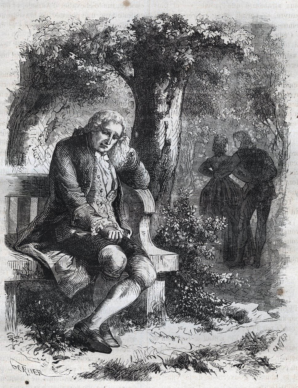 Jean-Jacques Rousseau surprend sa compagne Marie-Thérèse Le Vasseur en plein adultère. Gravure de 1871 dans "Histoire Des Cocus Célèbres" de Henry de Kock - French School