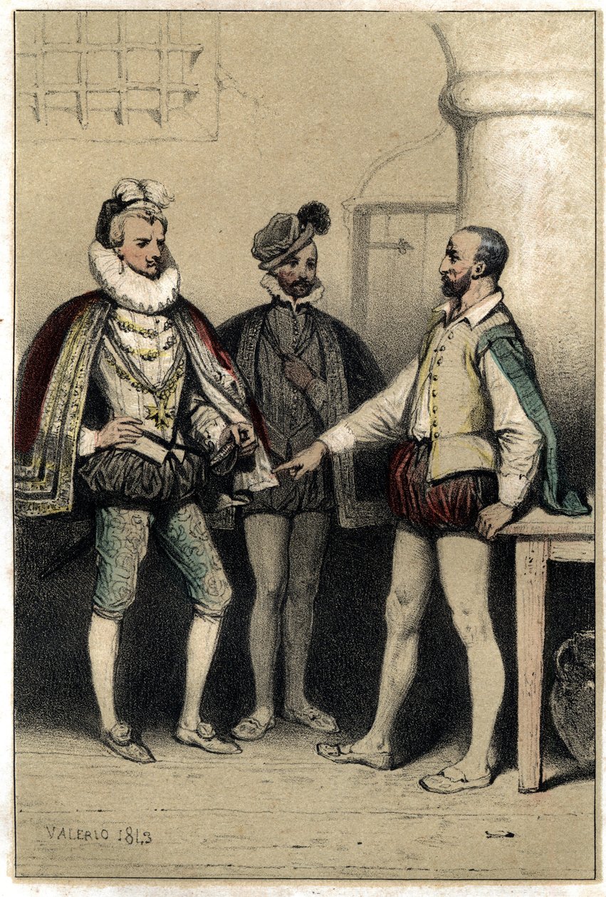 Henri III (1551-1589), roi de France, visitant Bernard Palissy, céramiste, emprisonné à la Bastille. Dans "Scènes de la vie des hommes célèbres" gravure en deux couleurs par Valerio. 1843. - French School