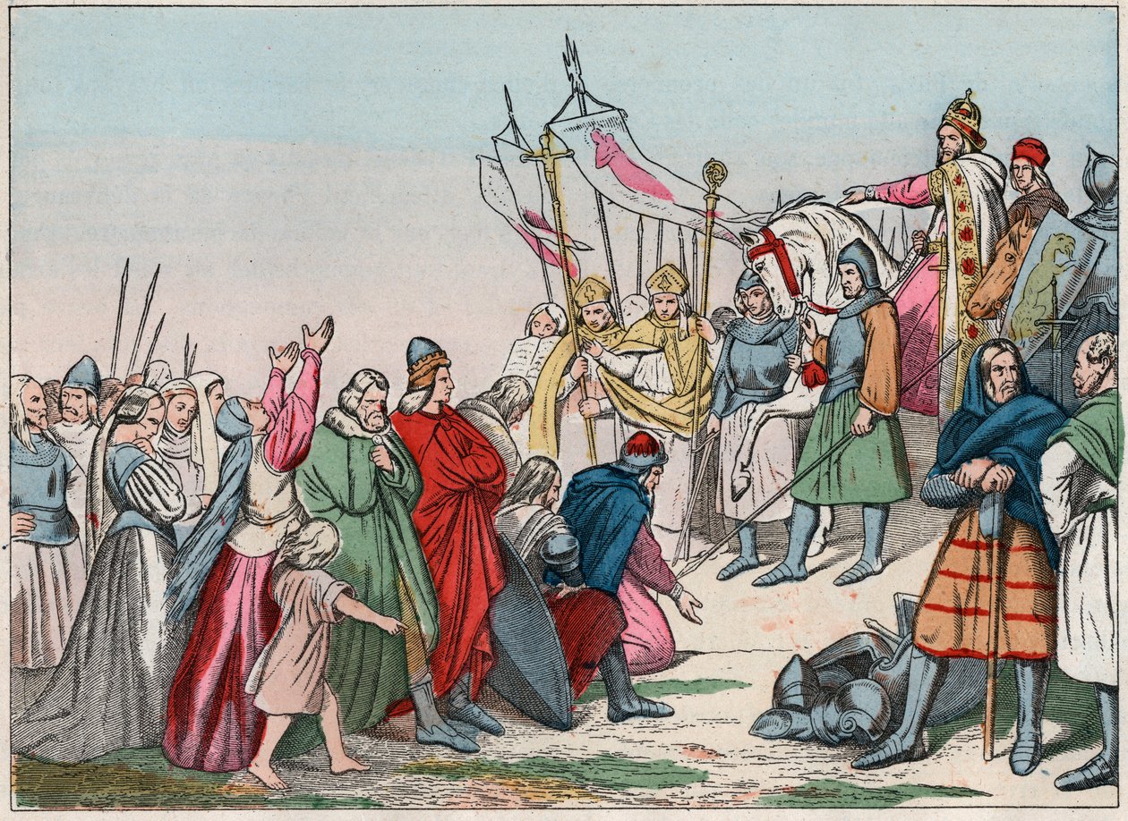 Histoire de la Gaule au Moyen Âge : Saxons germaniques agenouillés devant le roi Charlemagne (742 - 814), vainqueur des guerres - Gravure de la fin du 19ème siècle dans "Nos Gloires Nationales - Images et récits" - French School