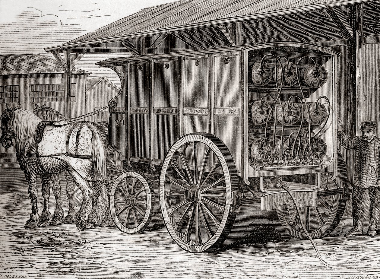 Véhicule hippomobile utilisé pour transporter du gaz comprimé dans des conteneurs portables au 19ème siècle, de Les Merveilles de la Science, publié c.1870 - French School