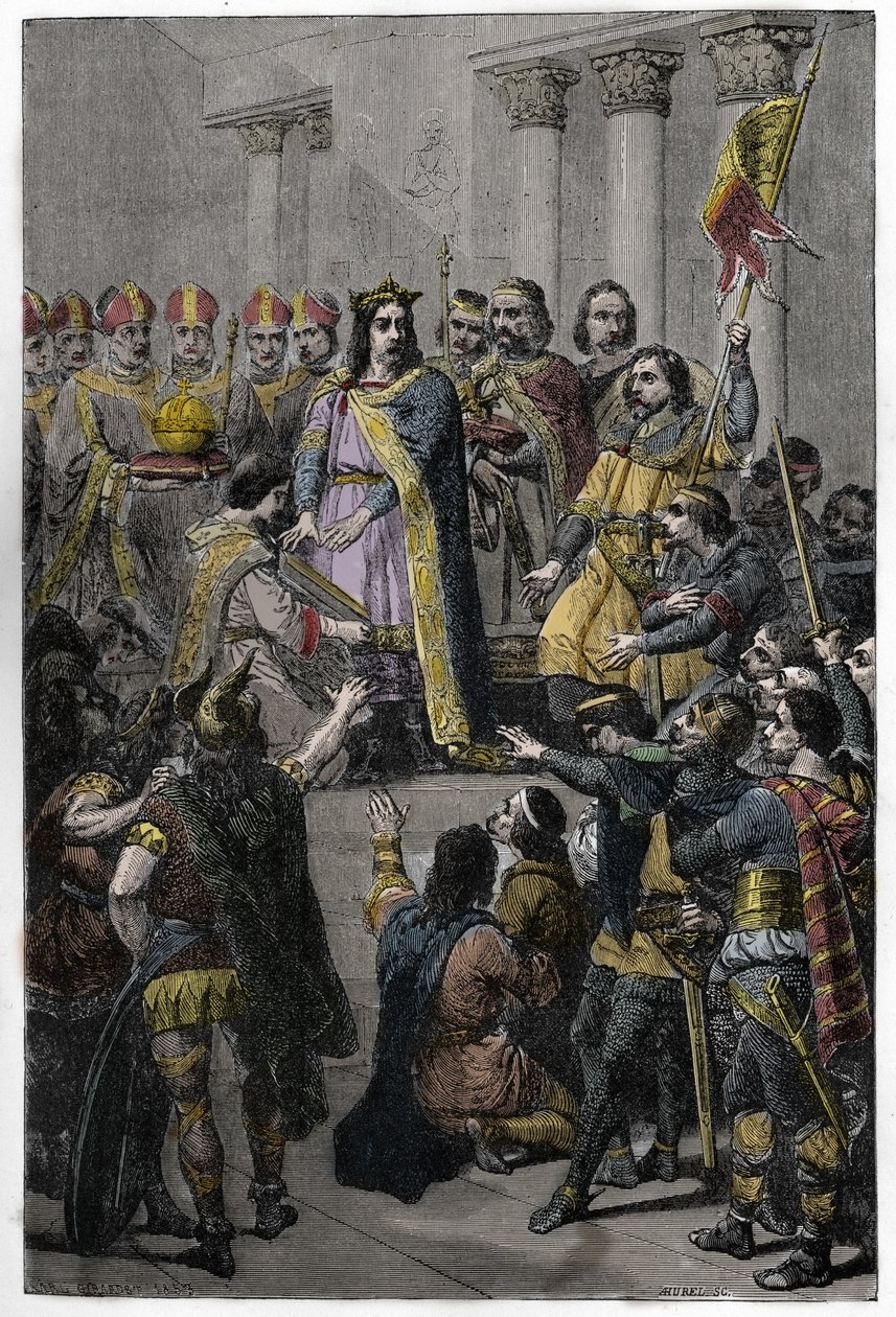 Hugues Capet élu roi - Couronnement de Hugues Capet (ca. 941-996), roi de France, le 3 juillet 987 à Noyon, par Adalbéron (ca. 925-990), archevêque de Reims. - French School