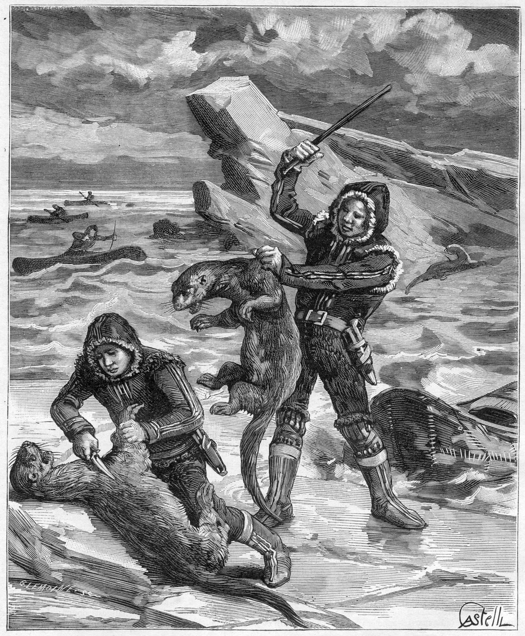 Chasseurs de loutres en Alaska - chasseurs de loutres en Alaska en 1888 - gravure dans «Journal des Voyages» 1888 - French School