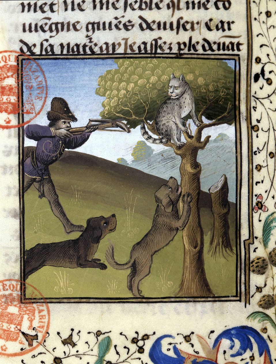 Scène de chasse avec un lynx - dans "Livre de chasse de Gaston Phoebus, Comte de Foix, Seigneur de Béarn" - French School