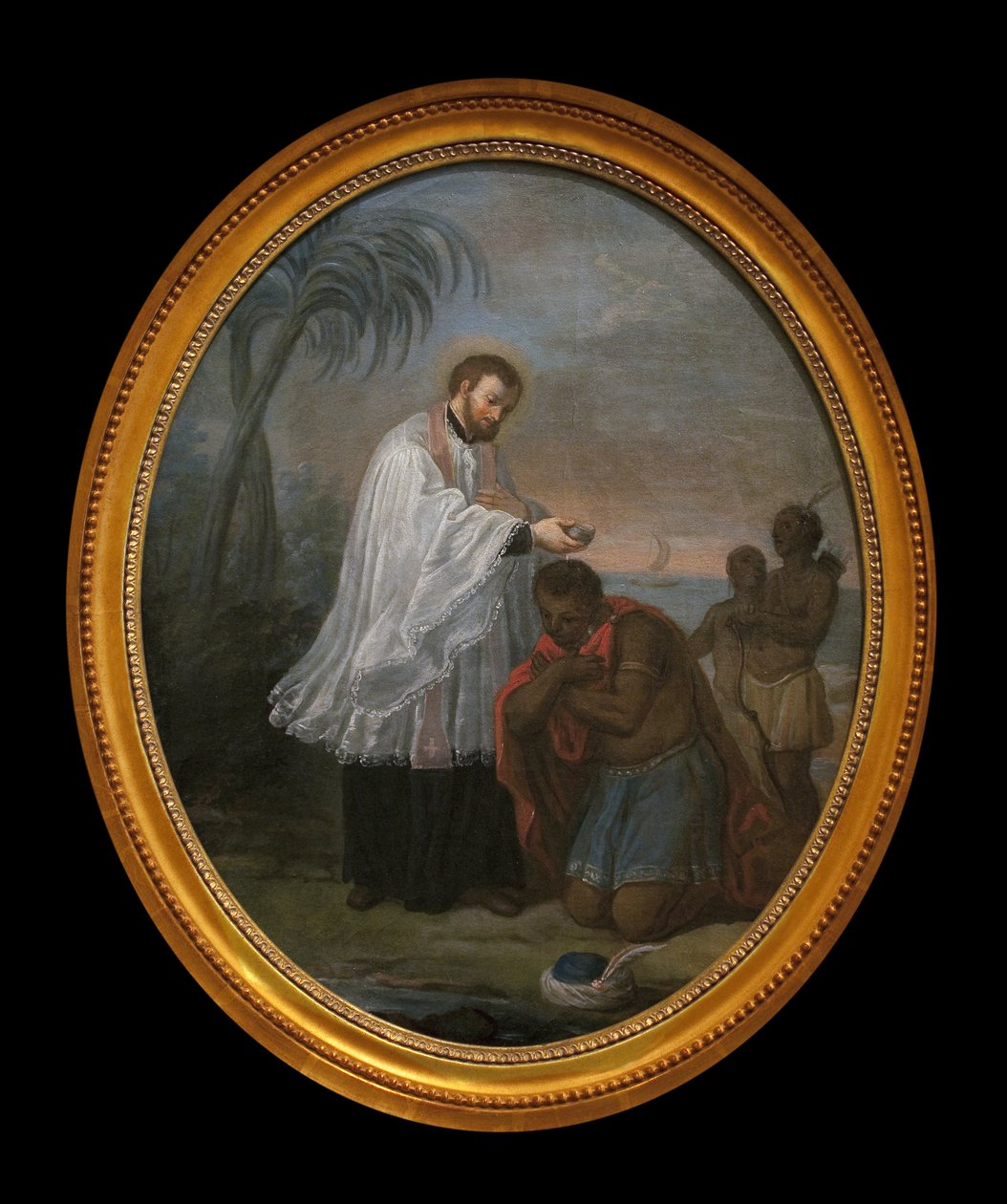Je baptise un Indien. Le personnage recevant le baptême ne semble pas être un Amérindien, contrairement aux deux personnages en arrière-plan. Cette peinture pourrait être une allégorie de la mission évangélisatrice des Jésuites sur tous les continents. - French School